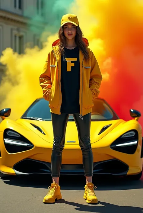 (photorealism:1.2).Design a striking image of a confident young woman standing in front of a sleek yellow sports car with aggressive angular headlights. She is dressed in a trendy yellow jacket, black shirt with an F logo, yellow cap, and matching sneakers...