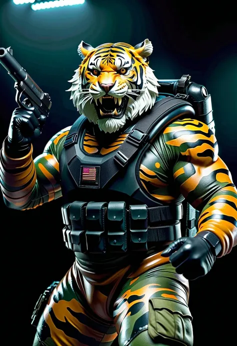 (a dark-skinned bearded fat muscular old man in a bulky army camouflage zipper combat diver suit), wielding gun, (wearing realistic roaring tiger mask), dynamic action pose, fierce expression, showcasing an imposing stature, surrounded by military elements...