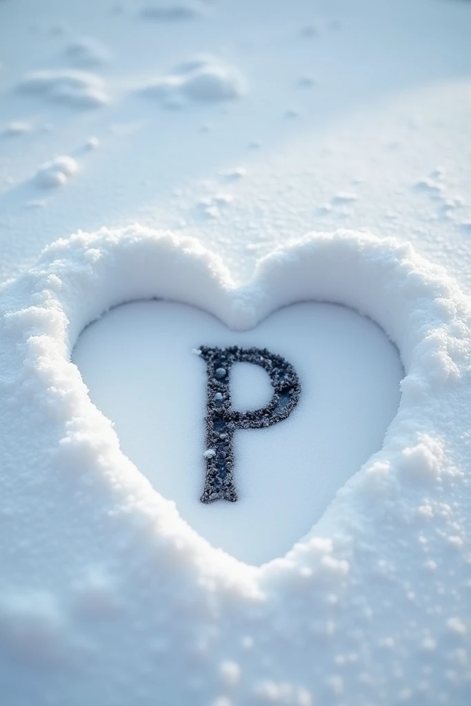 Snow with heart with letter P inside written on it. Please make it more look realistic 