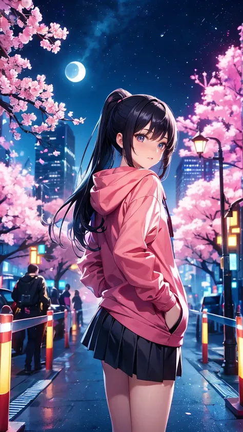 Beauty、Stand leaning to the left、 long hair up to waist 、black hair mixed with pink、 night view、Japanese cities、City、Beautyファンアート ,  wearing a black hoodie 、 skirt、 anime style, 美しい   digital art ワーク, Style Ross Tran  ,   digital art . @mariomaniacdude,   ...