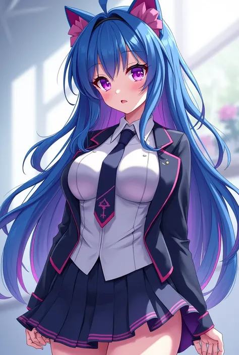 Pretty girl with strong blue hair with highlights Cute pink with purple eyes with Rosa and in her left eye she has a pink star and big breasts and a small waist and slightly wide thighs and hips a little wide with Ranmas furingham high school uniform and h...