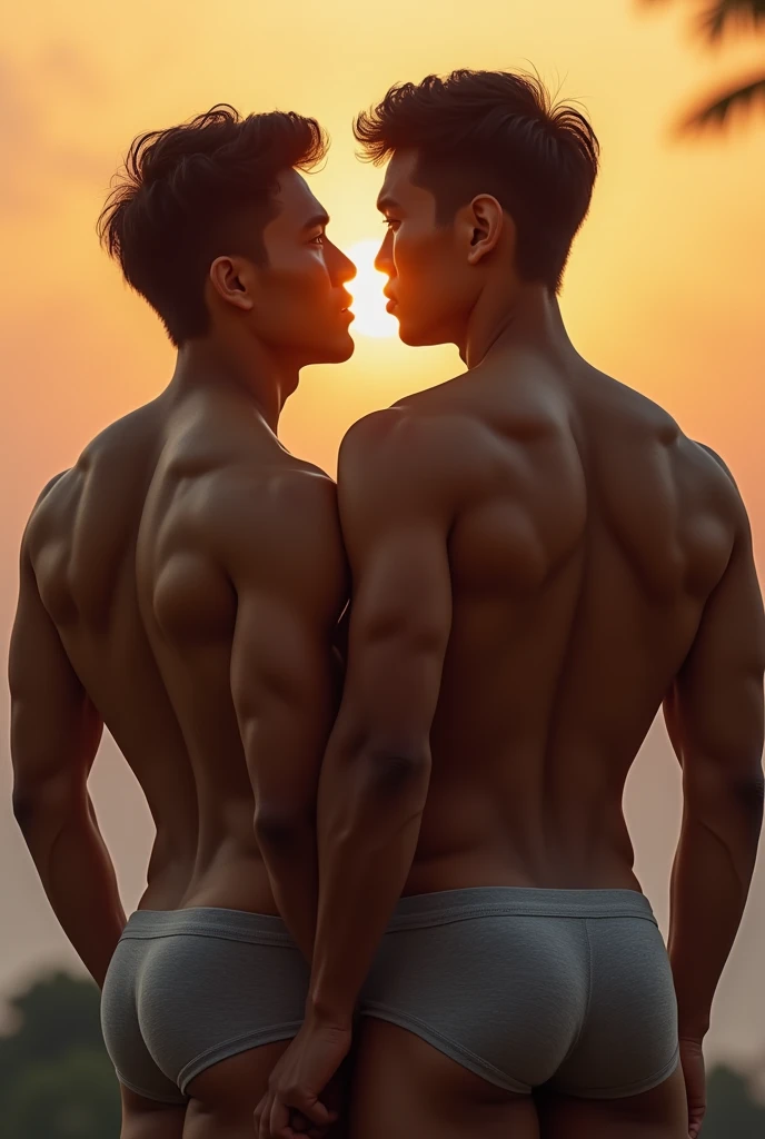 Hyper realistic, UHD, 8K HD PICTURE, indonesian, 2 guy, shirtless, muscle, tight briefs, sensual posing, photo shot, model, outdoor, underwear model, evening, orange sun