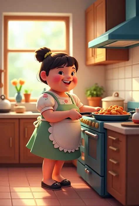 In 3d picture pixer style A little married fatty girl cooking chicken in kitchen