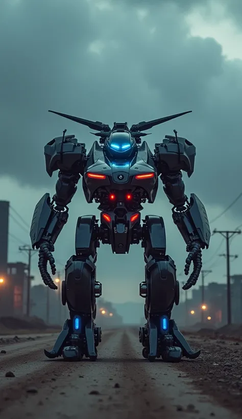 A monstrous hybrid machine stands in the center of a desolate urban wasteland under a dark, dramatic sky. The creature combines the sleek body of a BMW with the menacing rotors and tail of a helicopter. Its wheels have transformed into retractable thruster...