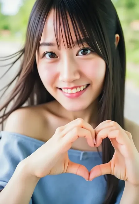 barefoot,   make a heart shape with both hands  , woman sitting on the sand with her knees bent  , photorealism ,    young Japanese woman ,( looking at the camera), Alone,A perfect smile,     BEAUTIFUL DARK EYES    ,   beautiful skin  ,   long black hair ,...