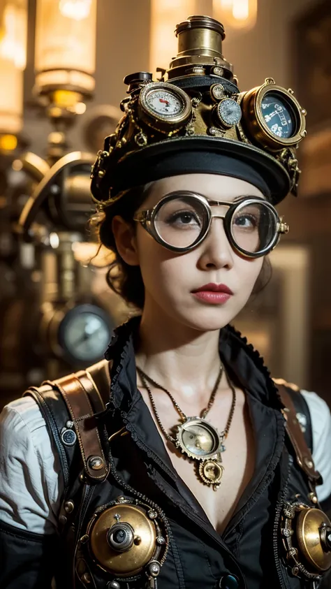 masterpiece, highest quality, 1girl, 30yearold woman, ((steam, steampunk, goggles, pressure gauge)), surrealism, beautiful detailed eyes, beautiful detailed lips, extremely detailed face, long eyelashes, intricate gears, mechanical parts, brass accents, so...