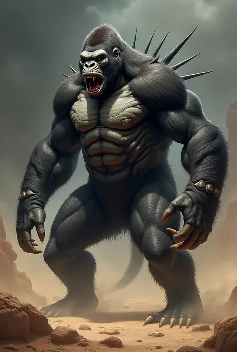 "Create a powerful and intimidating creature that blends the muscular body of a gorilla with the dangerous features of a scorpion. The creature has the broad chest and muscular arms of a gorilla, with dark, thick fur covering its torso and limbs. Its head ...