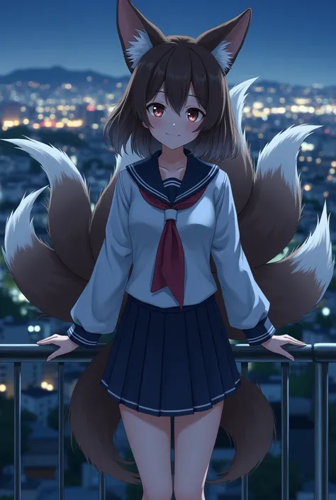 Anime nine-tailed fox girl with Japanese uniform have medium breast. She is looking to camera. The railing is behind her. The city is under the railing at night