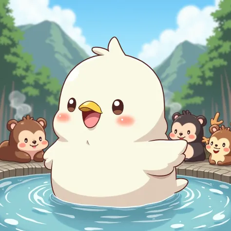 Masterpiece,Best quality, Anime style, pure white sparrow mascot, round body, fluffy body, simple face, cute appearance, Hot springs, mountains, relaxing, deformed animals, bears, monkeys, deer, smiling faces,