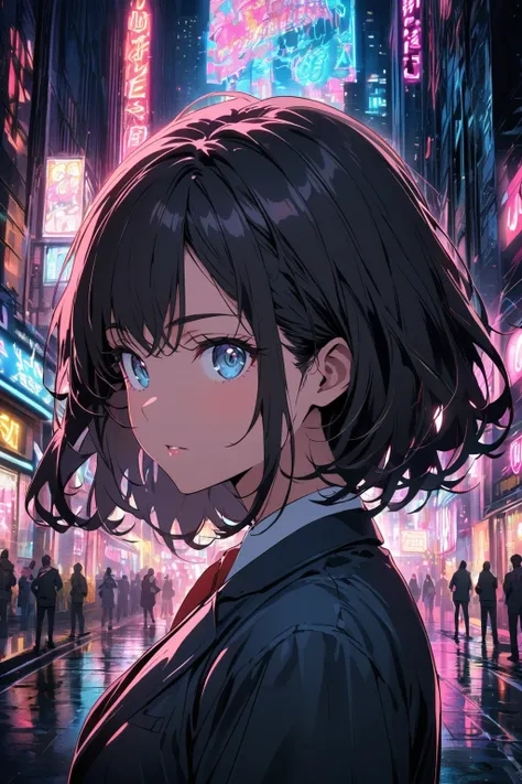 A confident woman in a business suit standing in the city at night, central composition, from side, face focus, looking directly at the camera, with neon lights reflecting in the background