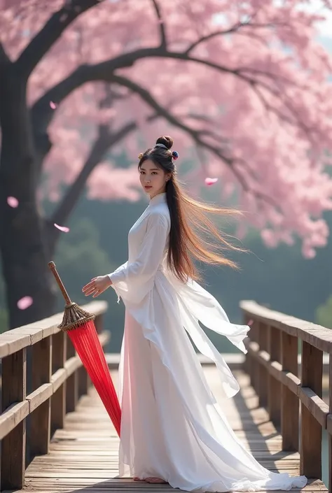 Portrait Realistic Photography. A Chinese girl is standing on a wooden bridge. She is wearing a beautiful female white warrior costume. She is holding an ancient Chinese umbrella. Her long hair is beautiful. Her dress and hair are swaying in the wind. In t...