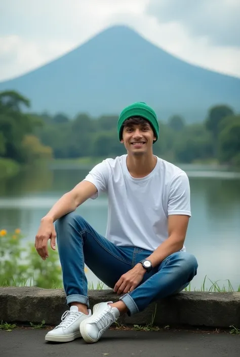 Realistic photography. Professional model shooting. Young Indonesian handsome man wearing green beanie looks handsome. and slightly athletic body. Wearing a white Jordan shirt with blue jeans. White Jordan shoes. sitting casually with a cool style. in Pura...