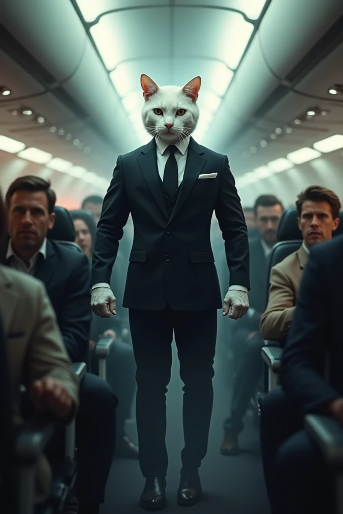 "Inside the airplane cabin, passengers brace for impact as turbulence shakes the plane, with white body builder cat wearing black 3 piece suit standing protectively in the center."