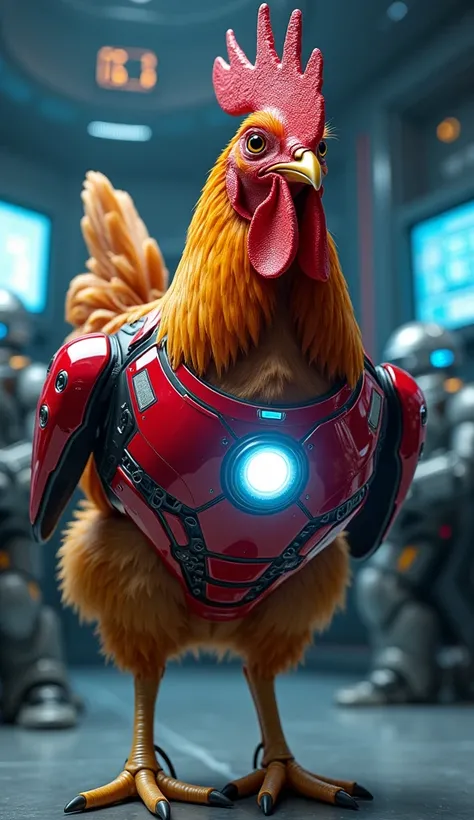  Iron Mans Chicken at Tech Headquarters
A chicken dressed in futuristic red and gold armor,  complete with a reactor in its chest that emits blue light . Its beak looks like Iron Mans mask ,  and its wings can transform into an advanced weapon .  The locat...