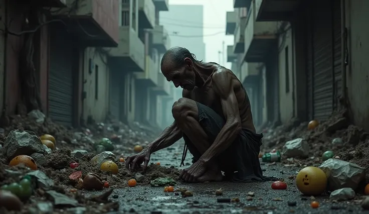 Dark scenario a homeless person looks for food in the garbage