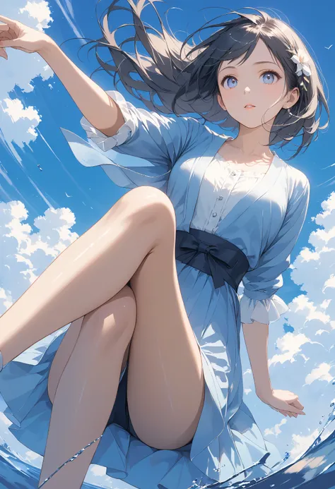 Masterpiece, high quality, high resolution, 16K, super detailed background, Makoto Shinkai illustration, ultra realistic, digital painting, famous movie pose, one woman, long eyelashes, beautiful skin, clean legs, cinematic angle