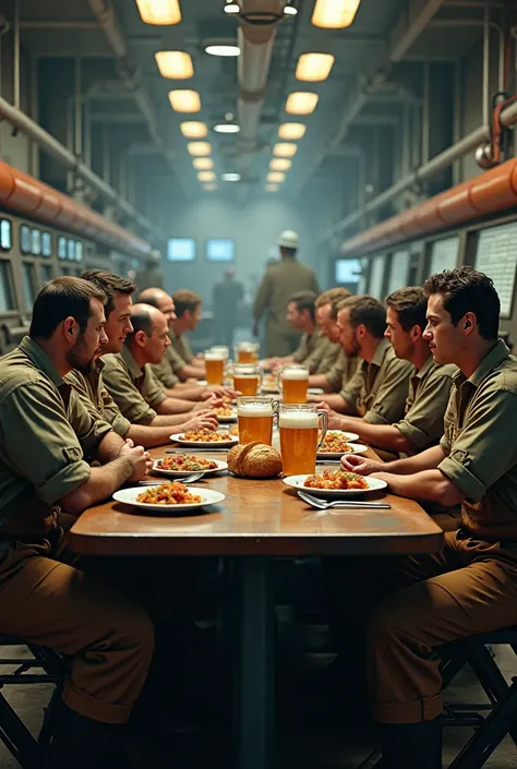 12 workers sitting in a dinning table in the middle of a factory control room. There is a lot of food and beer in the table
