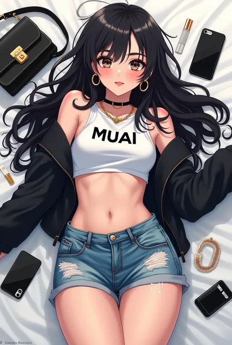 "A captivating anime-style illustration of a young woman with a modern, edgy appearance, lying on a white surface. She exudes confidence and charisma through her casual yet striking pose. Her outfit features a white crop top with bold black text (MUAI) tha...