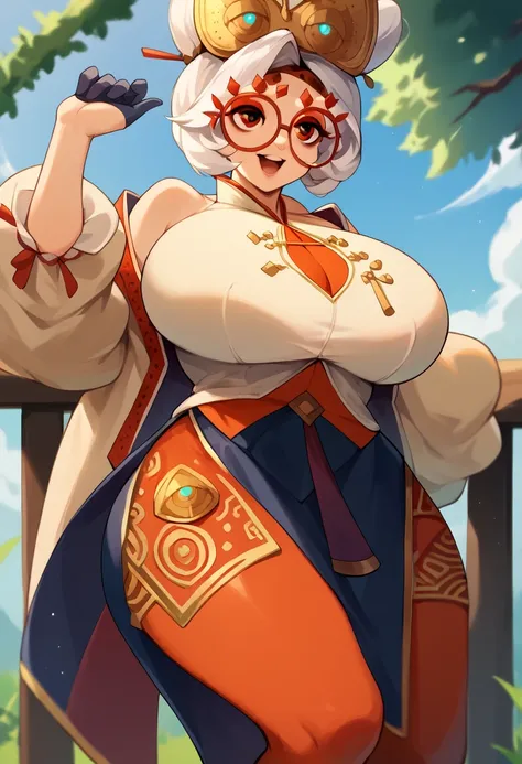 score_9, score_8_up, score_7_up, score_6_up, score_5_up, score_4_up, (source_anime), purah,
1girl,  huge breasts, narrow waist, thick thighs,  hair ornament, red headband, red glasses, sleeveless shirt, white coat, black skirt, red leggings, gloves, high h...