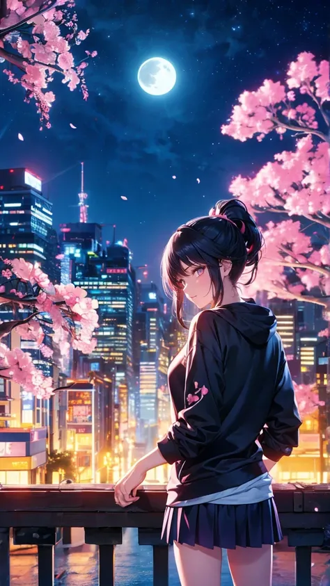 Beauty、Stand leaning to the left、 long hair up to waist 、black hair mixed with pink、 night view、Japanese cities、City、Beauty fanart  ,  wearing a black hoodie 、 skirt、 anime style, 美しい    digital art ワーク, Style Ross Tran  ,    digital art . @mariomaniacdude...