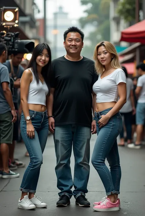 A realistic, professionally captured photo by a skilled photographer. The scene features an Asian man with a large build, slightly chubby with a small belly (height: 180 cm, weight: 110 kg), wearing a black t-shirt and jeans. He is standing alongside two J...