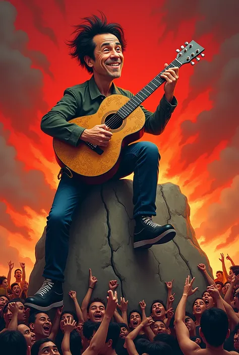  create a caricature of a person sitting on a rock playing a guitar, under the rock there are a lot of people with a fiery red background 