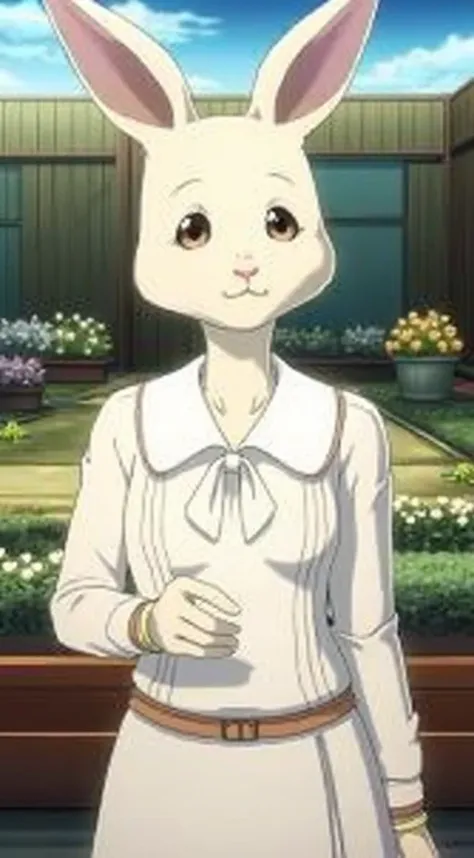 Make a image of a petite light brown bunny with a human body but keeping its animal features in the Beastars anime art style 
