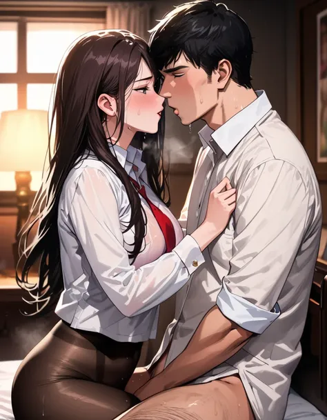 girl, male,sex, male under girl, man hug girl, man kiss girl, face to face,best quality, very aesthetic, ultra-detailed, best illustration nsfw, sweat, steam, female ,1girl, (black eyes:0.8),(black pantyhose),white panties, school uniform ,  black hair,lon...