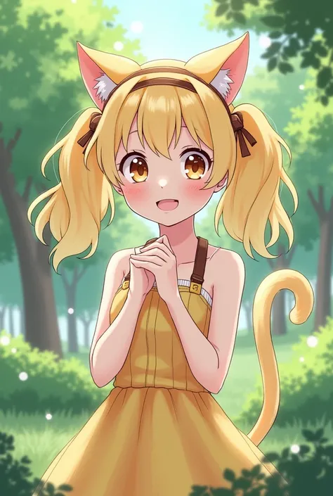 Blonde girl with pigtails and headband and cat ears and wearing a summer outfit in a park