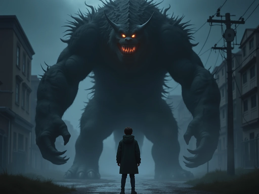 A brown-haired schoolboy wearing a black windbreaker fighting a Korean monster at night