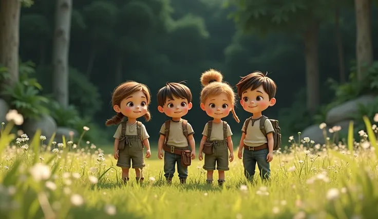 "Four ren, two boys and two girls, standing together in an open field near a dense, mysterious forest."
