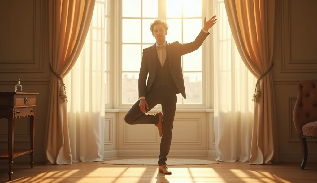 “An 1800s individual in simple period clothing practicing gentle stretches in a sunlit room with an open window and flowing curtains.”