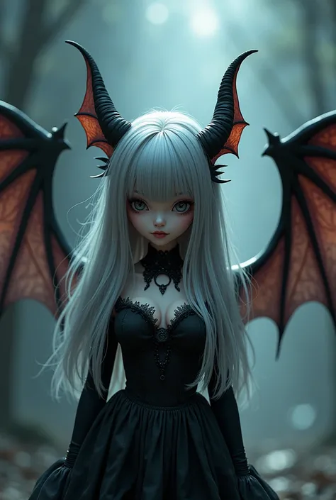 cute demoness grey hair bat wings