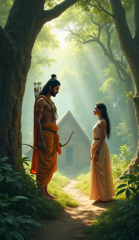 "Depict a serene forest scene inspired by the Ramayana. Show Lord Rama, dressed in traditional attire with a bow in hand, standing and speaking to a young woman who stands gracefully in front of him. The woman appears calm and attentive, her expression ref...