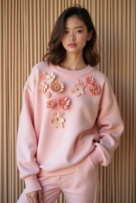 To create a design like the first sweater in the image, the prompt should read:

"Design a cozy and oversized pastel pink sweater with a ribbed round neckline, cuffs, and hem. Add three-dimensional floral embellishments in various sizes across the front an...