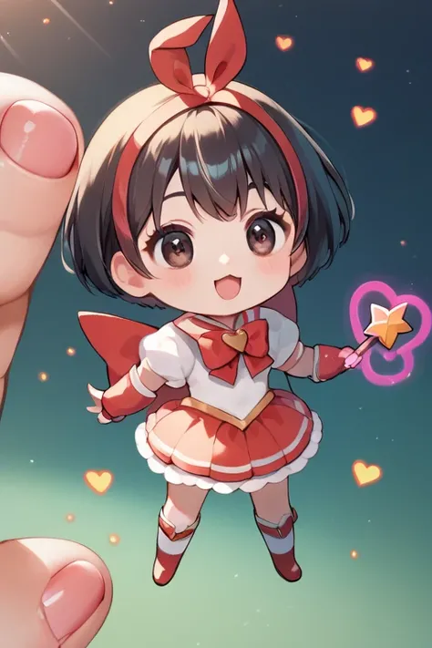  score_9,  score_8_up,  score_7_up,  score_6,  score_5_up,  score_4_upanime break，  very young girl  ，cute, Chibi，Tiny, Holding a Magic Wand a Magic Wand， Magical Girl ， Magic Rim， bob cut ,  red ribbon  , Heart Particles，Dark Eyes，