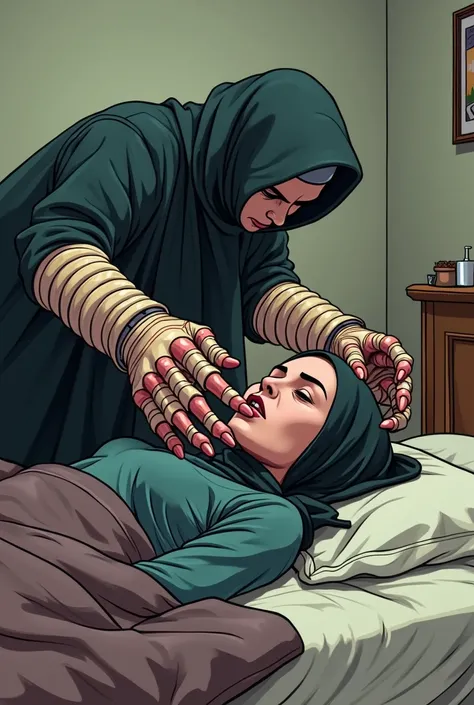 A cartoon image of a gas heater pressing the neck of a young woman in a hijab with both hands. The heaters hands are made of accordion-shaped heater tubes. The woman is lying on the bed.