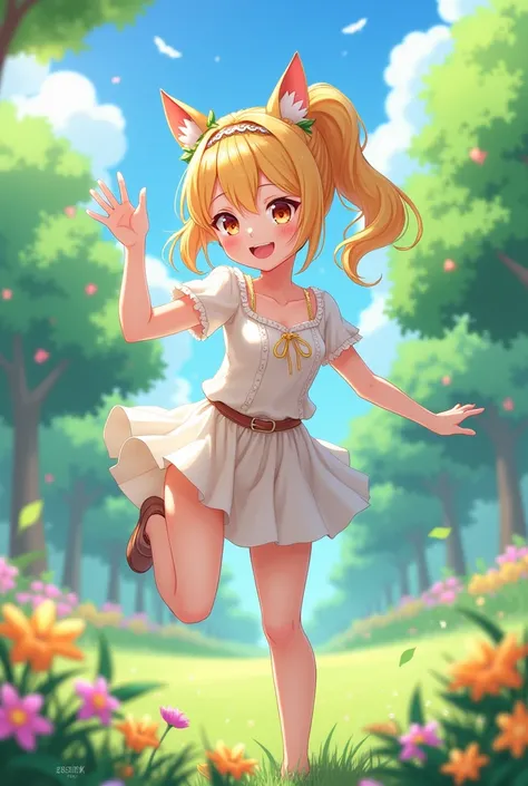 Blonde girl with ponytail hairstyle and headband, cat ears and wearing summer outfit in a park 