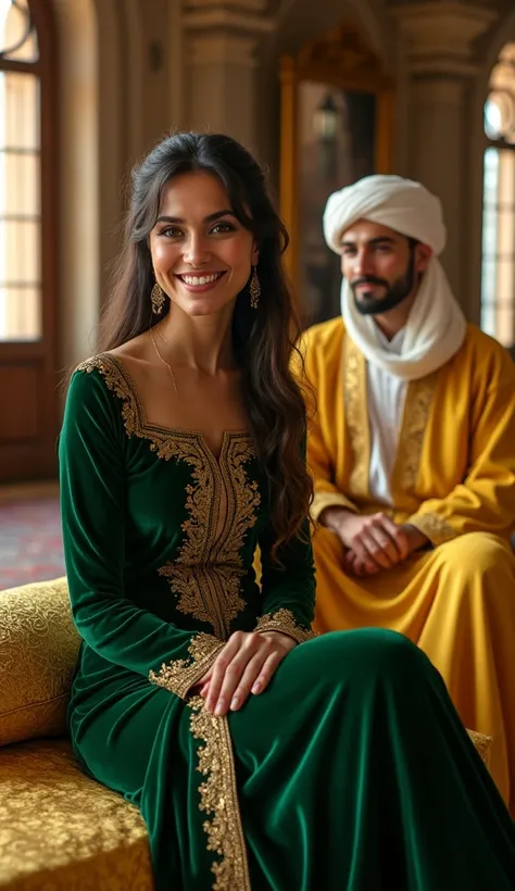 (photorealism:1.2), 1 beautiful arab woman , usia 30 tahun,  luxuriously dressed velvet green color model 7th century model, Smiling face,  sitting on a golden quilted pillow ,  next to her sat a dashing man ,  dressed arabic yellow gold color , white turb...