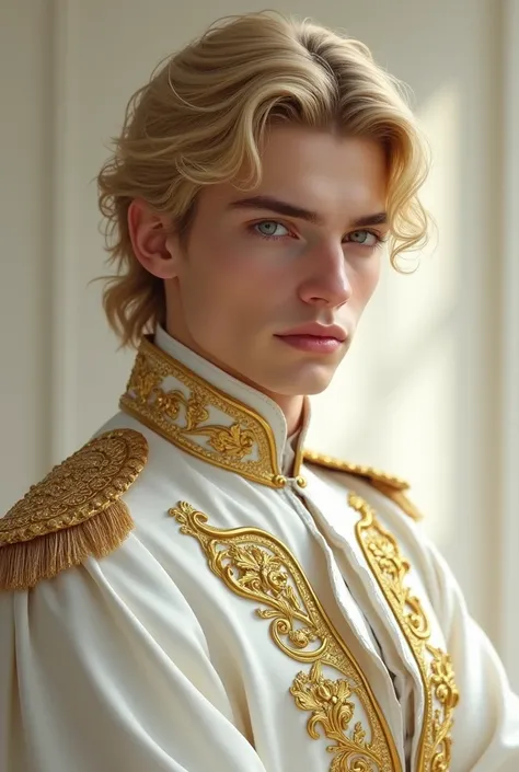 A tall handsome 18 year old young man ,   golden blond with golden eyes ,  who is a prince with pale skin,  he has a white and gold outfit .