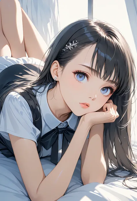 Masterpiece, high quality, high resolution, 16K, super detailed background,ultra realistic, Makoto Shinkai illustration, digital painting, Audrey Hepburn pose, one woman, long eyelashes, beautiful skin, clean legs, cinematic angles