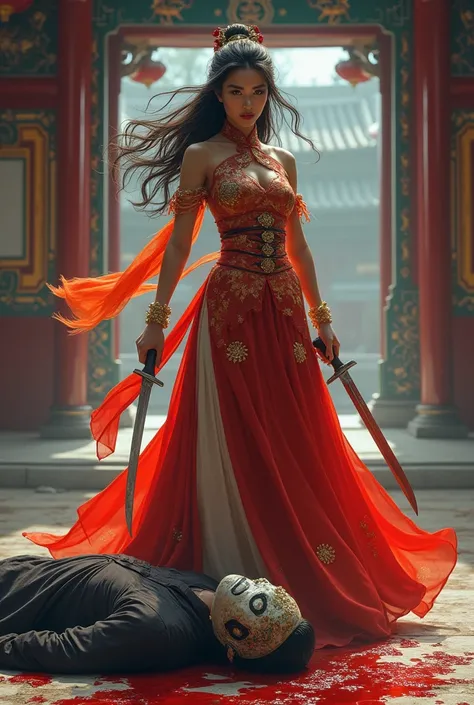 Hight quality, realistic view, very beautiful woman, woman kill ninja, ninja dead, cut throat a male ninja, male ninja, male ninja full face mask, ninja neck Splash blood, Chinese woman, woman knife, woman very thick hair, woman beautifull styles Cheongsam...