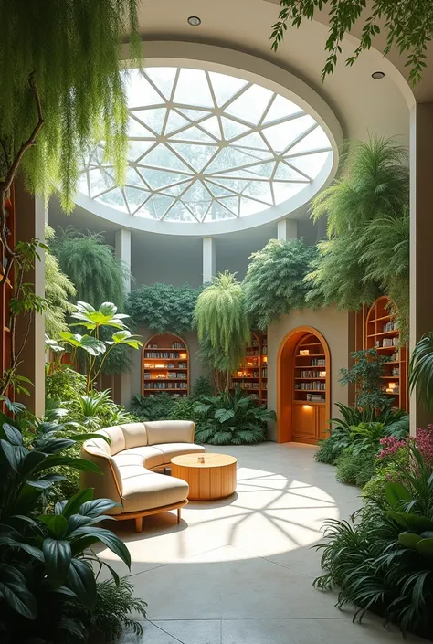  complete an improved image considering cost savings .  shape similar to the dome structure of the Eden Project in the UK,  use of reduced glass ,  minimal natural elements ,  and realistic and economical design with modular furniture , eco-friendly botani...