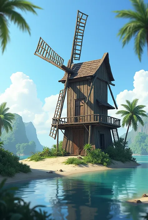 Create an image of a windmill in water here in alabat island pantalan that has some safe features but not too advanced 