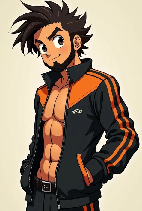 A cartoon character , Latin dog Moreno ,  dark brown hair ,  short and disheveled , medium beard, large and sensual eyes,  wearing a black and orange tracksuit pose sensual, rough anime style .  I just want the image up to the bust 