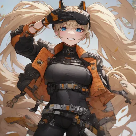 idllflwr, head-mounted display, covered eyes, Blonde hair very long hair, Twintail, jacket, crop jacket, black bodysuit, gloves, black pants, hip attachment, belt, Shoulder armor, goddess of victory nikke, Blue eyes, Chewing teeth