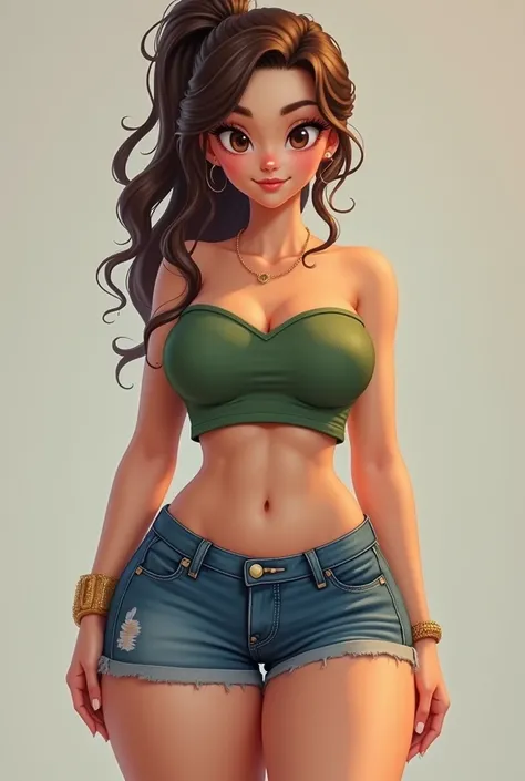 Kindhearted 20 year old female. 
Wavy brown hair pulled back into a ponytail. Soft, unassuming brown eyes. Pretty busty, having large breasts and a large ass. Wearing a green crop top/strapless tube top combo that barely covers her bust, short jean shorts ...