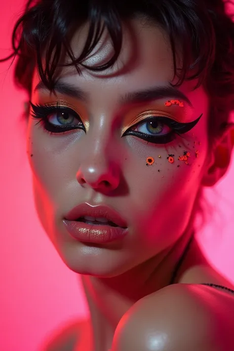 closeup side angle photo of a male model with gorgeous bright neon dotted red eye makeup and thick black winged eyeliner, peachy shimmering lipstick, looking into the camera, solid pink color background