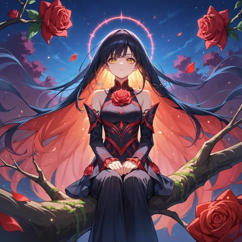 score_9, score_8_up, score_7_up, source_anime,
surreal, masterpiece, best quality, ultra-detailed, illustration, close-up, straight on, 1girl, very long black hair, yellow eyes, red roses, Kpop idol, floating hair,glowing hair, 
 night scene,red hues,starr...