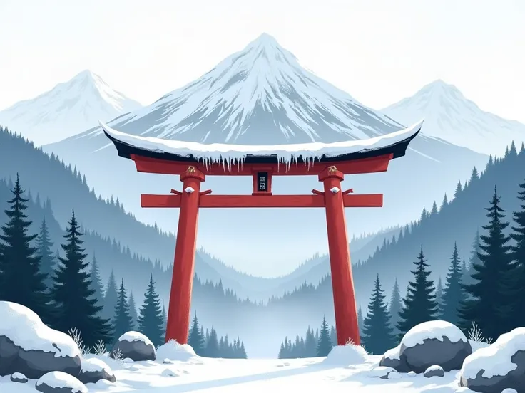  An illustration of a snow-capped torii gate in the mountains。Illustration like a photograph of a Japanese mountain and torii gate 。 best quality。accurate。